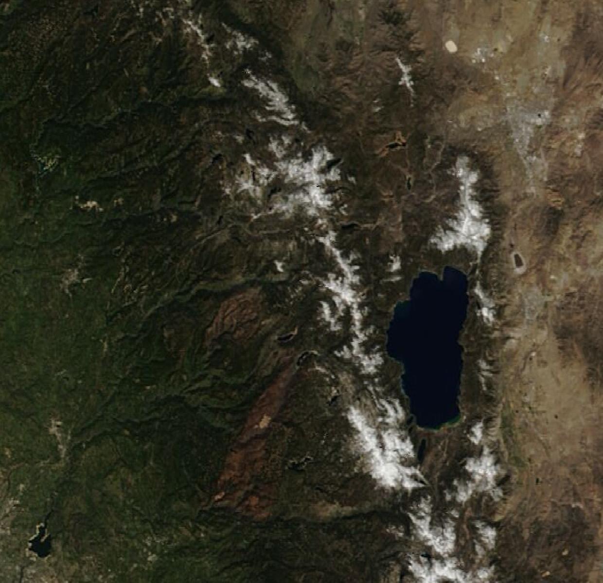 MODIS true-color view of the Sierra and Lake Tahoe on March 29, 2015, the record-low snow year