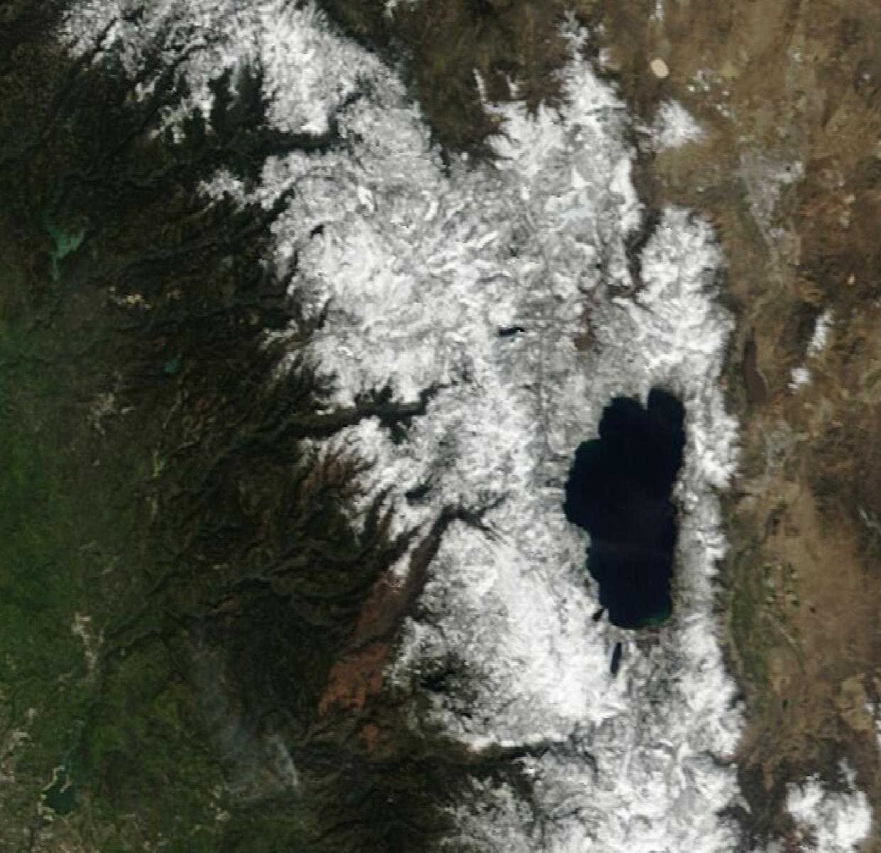 MODIS true-color view of the Sierra and Lake Tahoe on April 1, 2017, a high-snow year